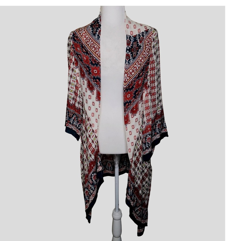 Blue Rain Kimono Medium White Red Blue Print‎ Open Front Bohemian Cover Up